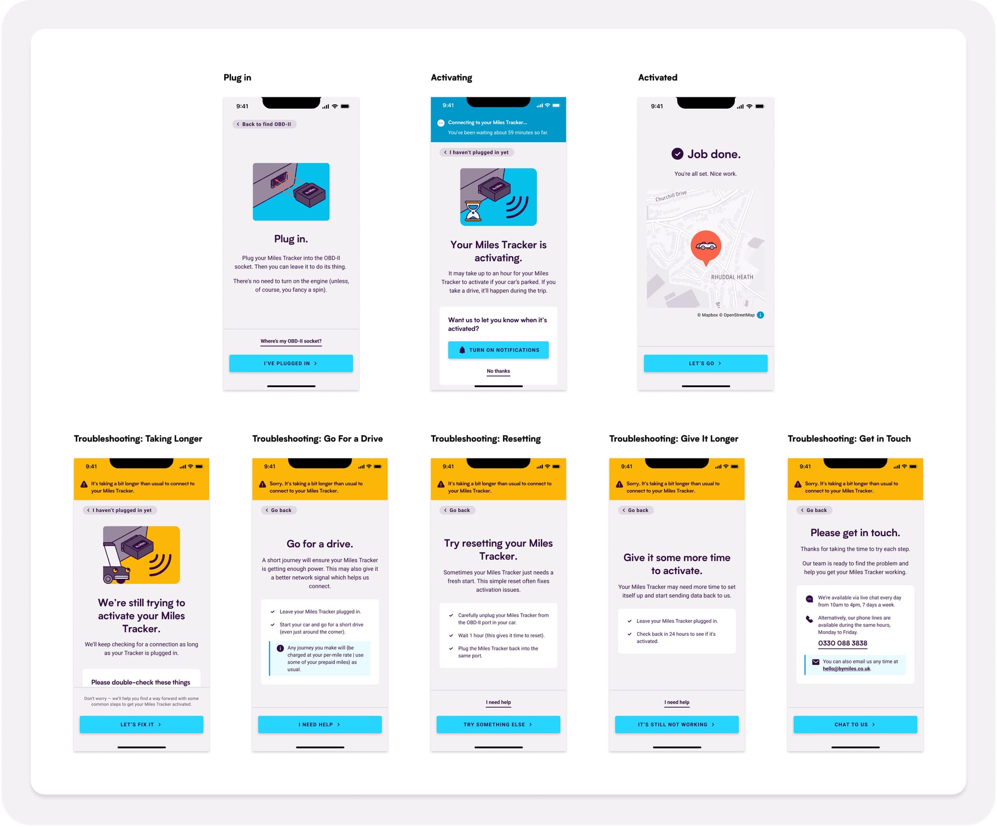 Final UI designs for the Connecting to your Miles Tracker flow, showing how research insights informed the structure, flow, and tone of the high-fidelity experience.