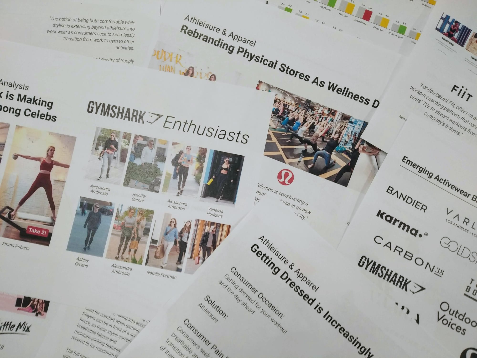 Printed market research sheets showing competitor analysis and trend mapping from a UX research investigation for Next, the UK fashion retailer.