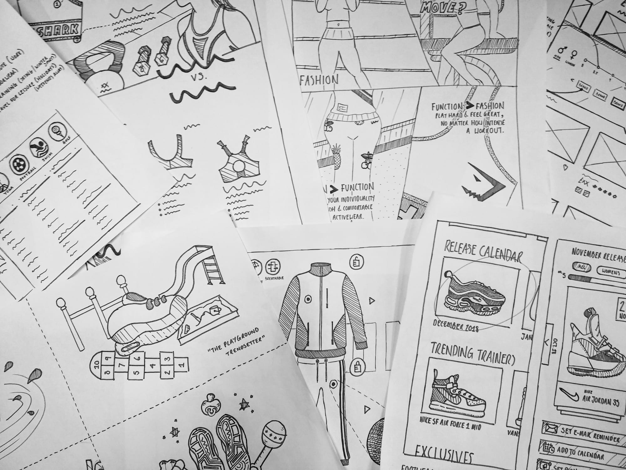 Hand-drawn wireframe sketches and ideation sheets from a UX research investigation into sportswear value propositions for Next, the UK fashion retailer.
