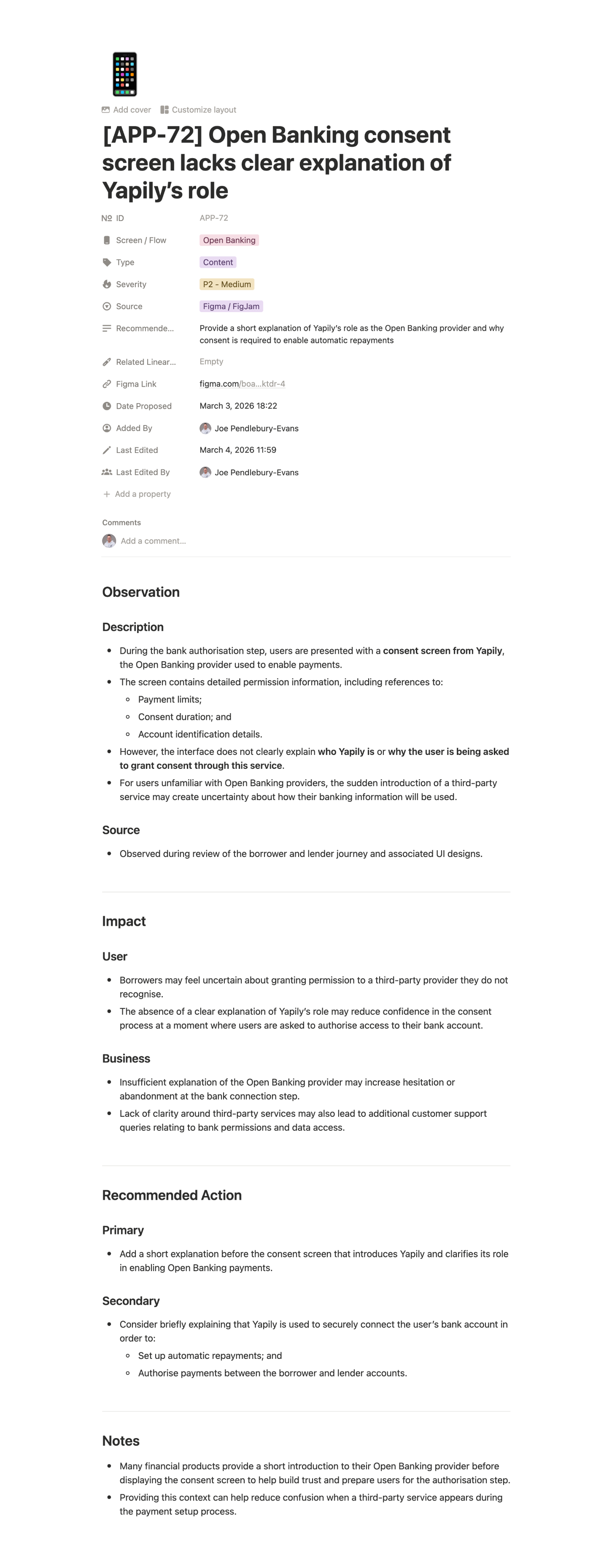Screenshot of a Notion insight entry showing structured fields for severity, source, and recommended action.