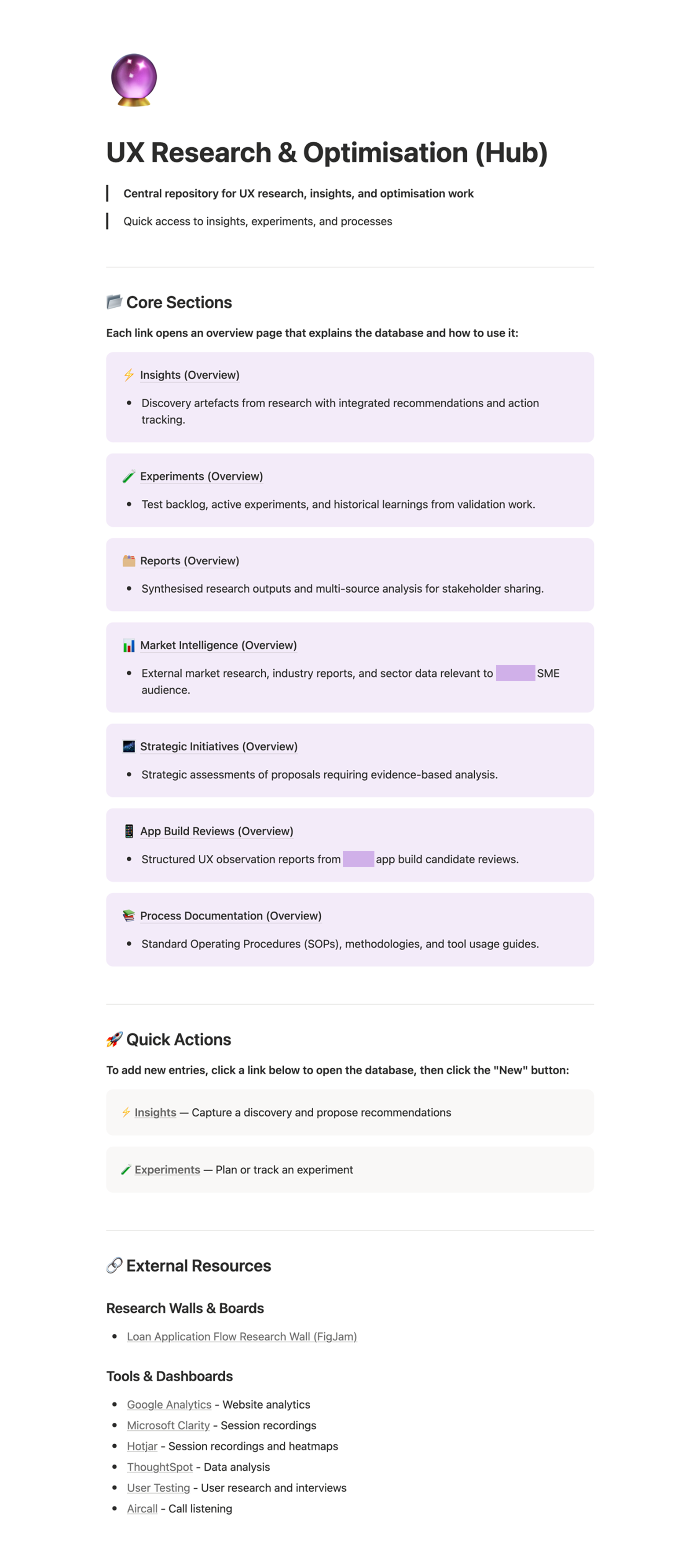 Screenshot of the UX Research and Optimisation Hub homepage in Notion, showing seven core sections including Insights, Experiments, Reports, Market Intelligence, Strategic Initiatives, App Build Reviews, and Process Documentation.
