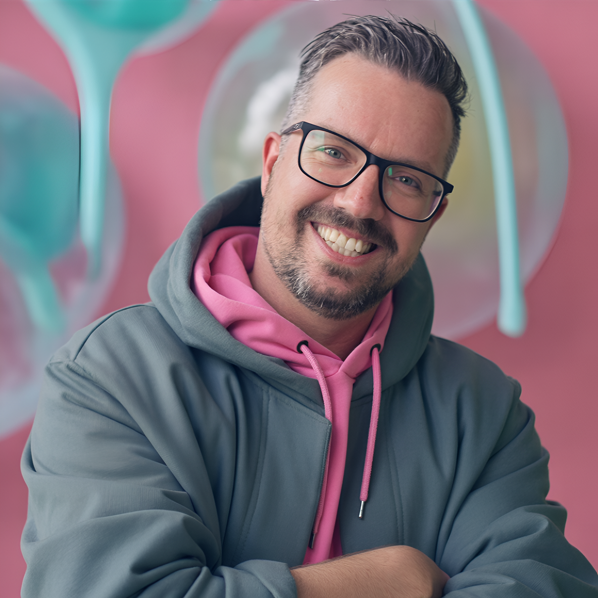 Professional headshot of a smiling man with gray hair and black-framed glasses wearing a gray hoodie over a pink hoodie, photographed against a soft-focus pink and teal backdrop.