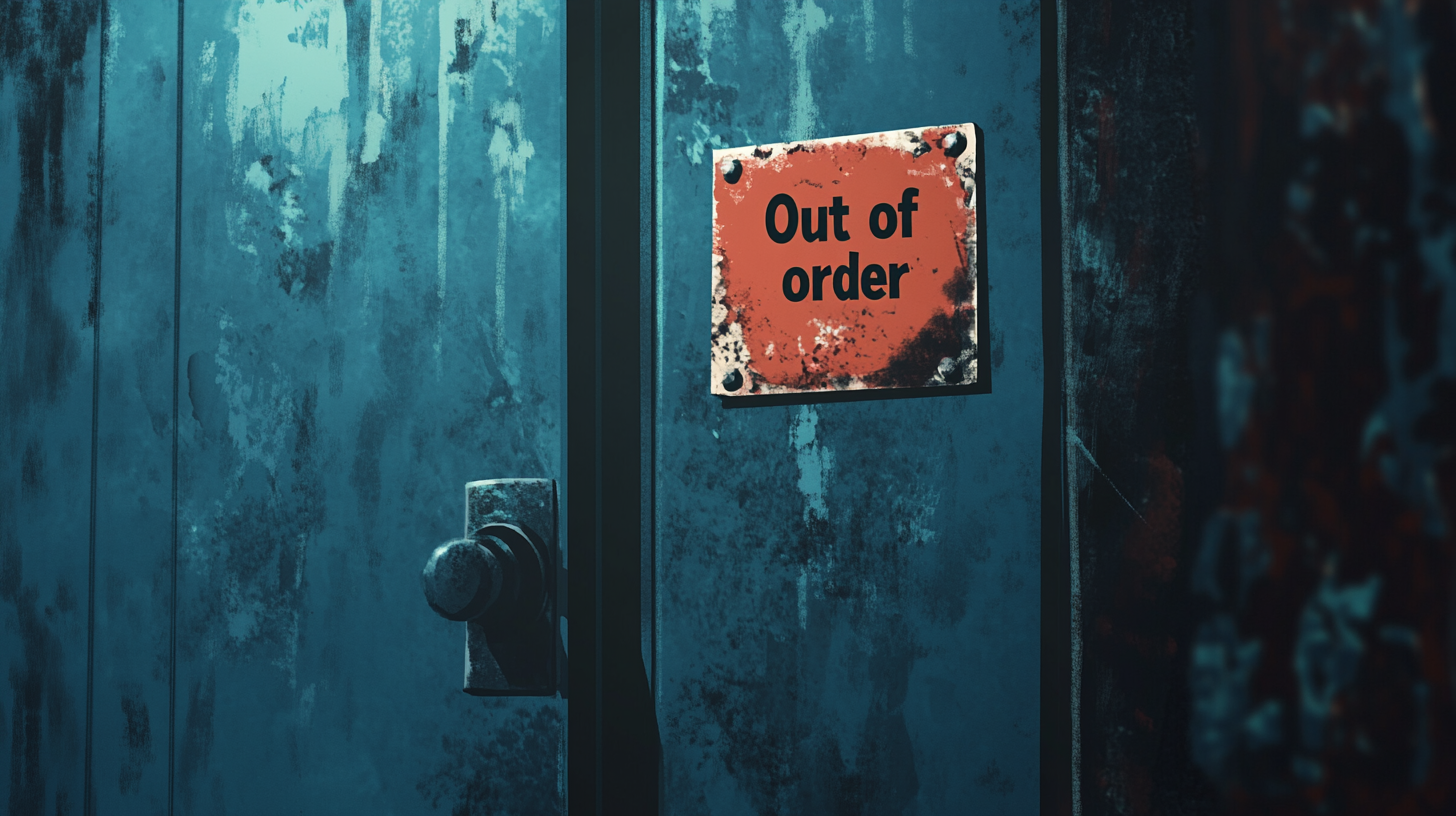 Blue door with a red sign next to it that says "Out of order".