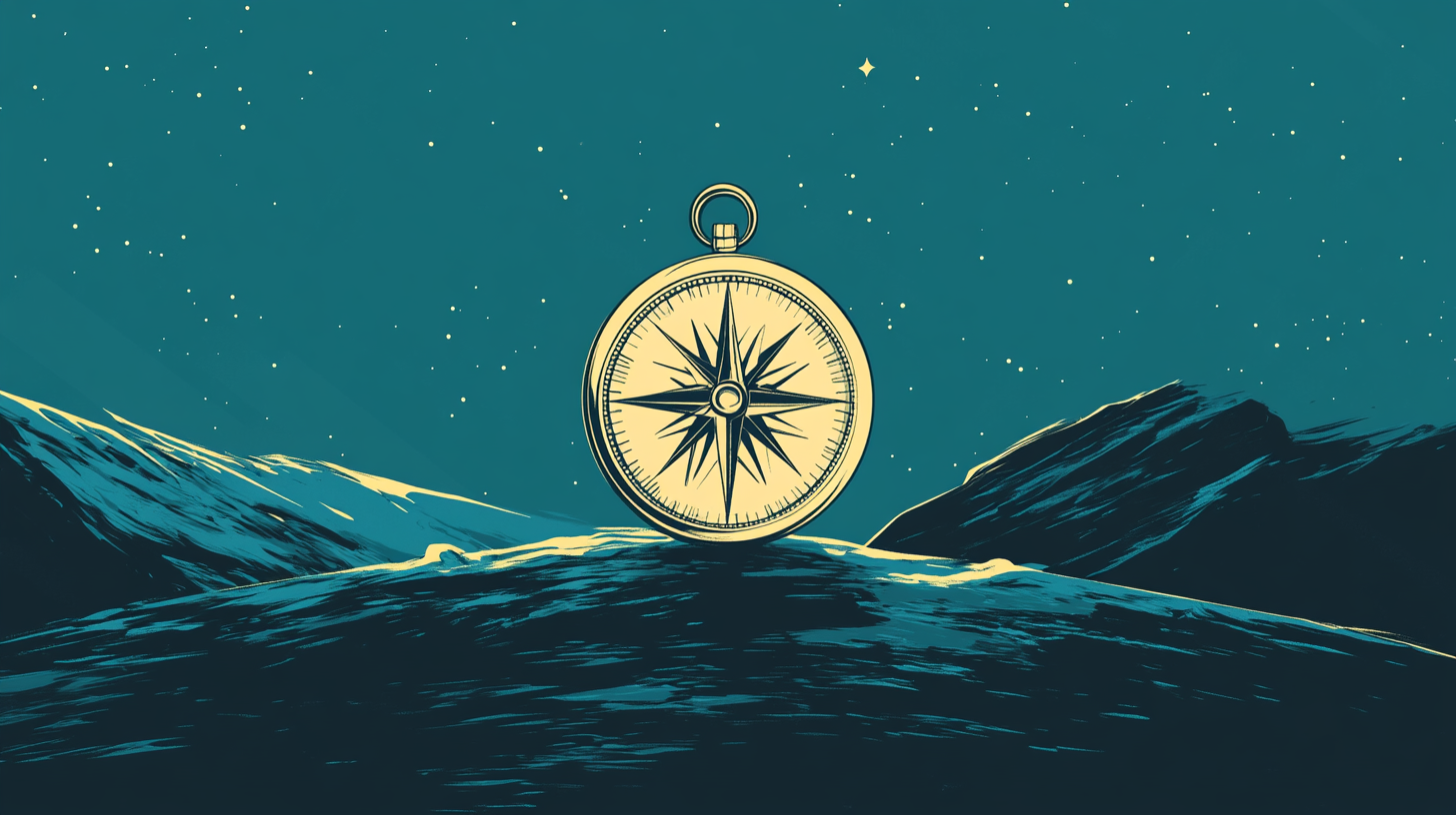 A compass against a night sky.