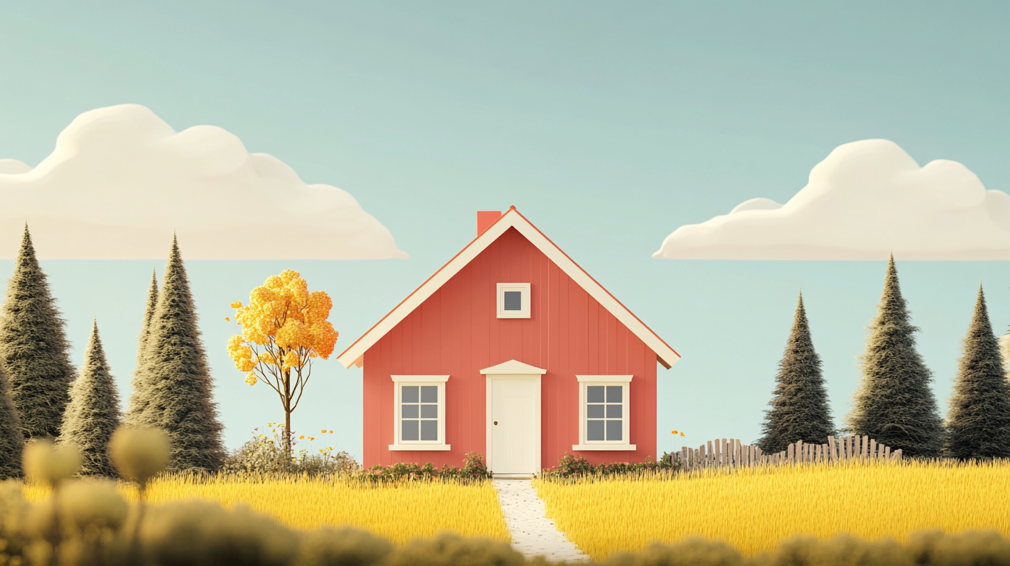 A house against blue skies with trees beside