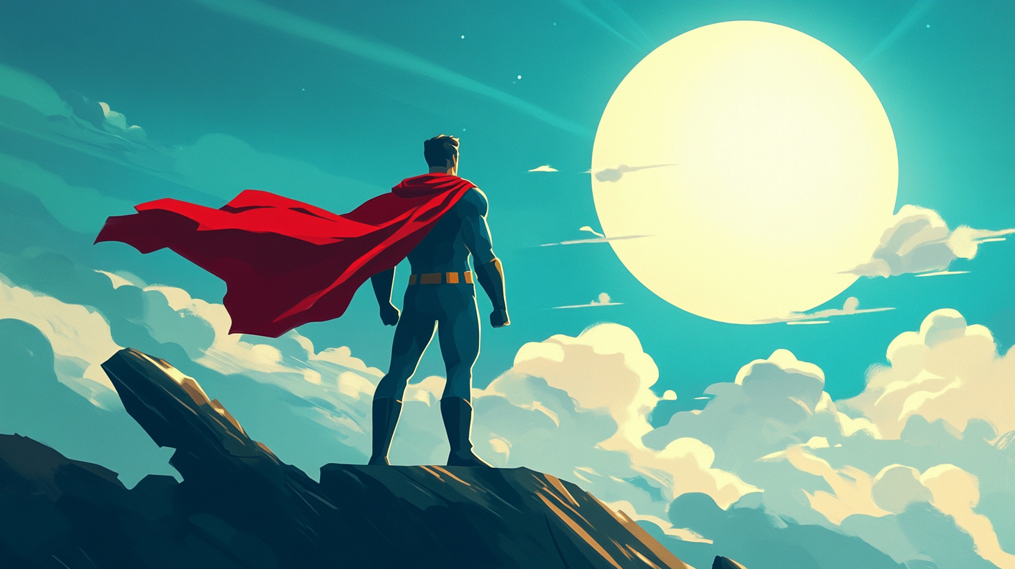 A superhero standing on a mountaintop staring at the sun.