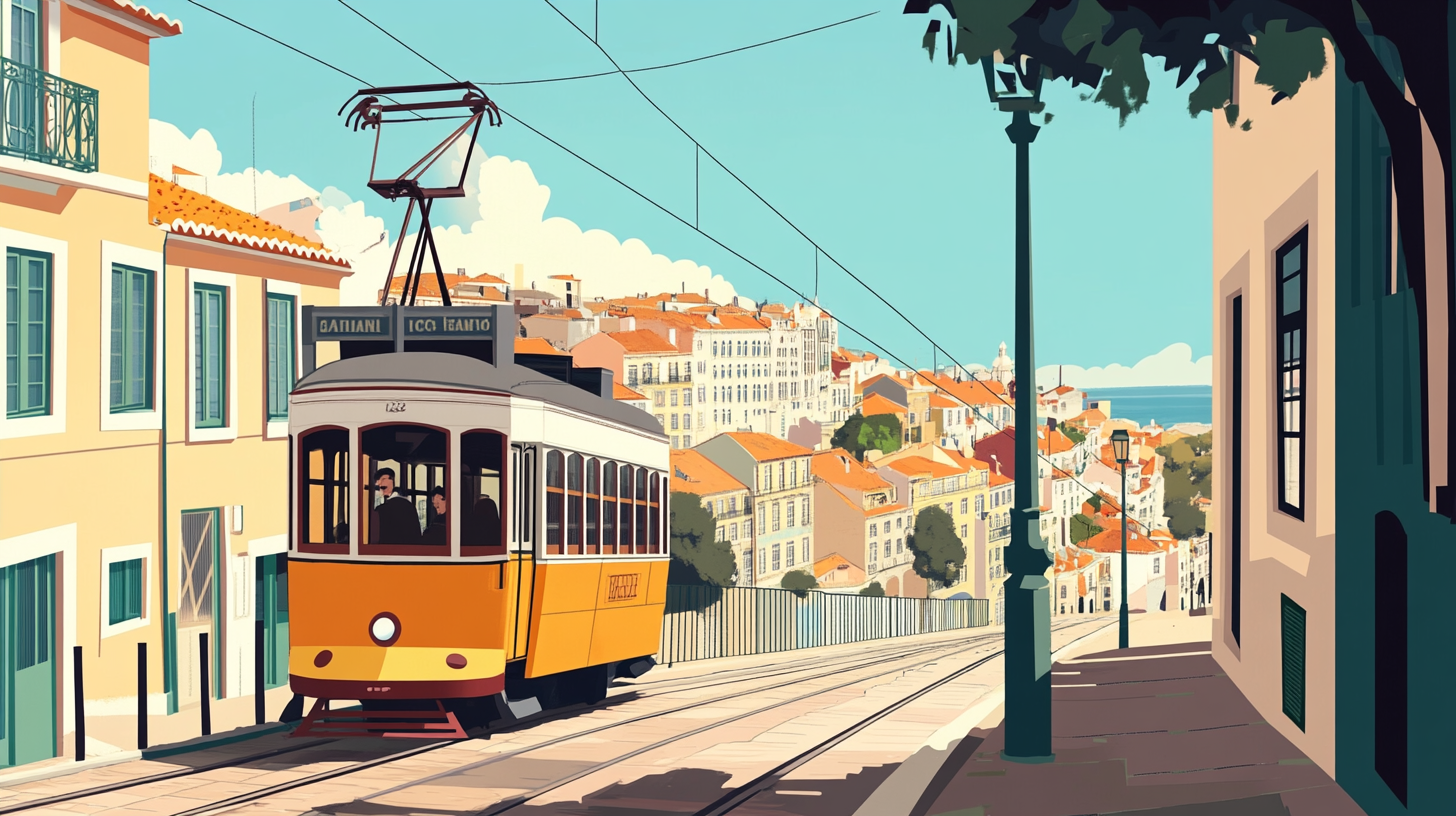 A cityscape with a tram.