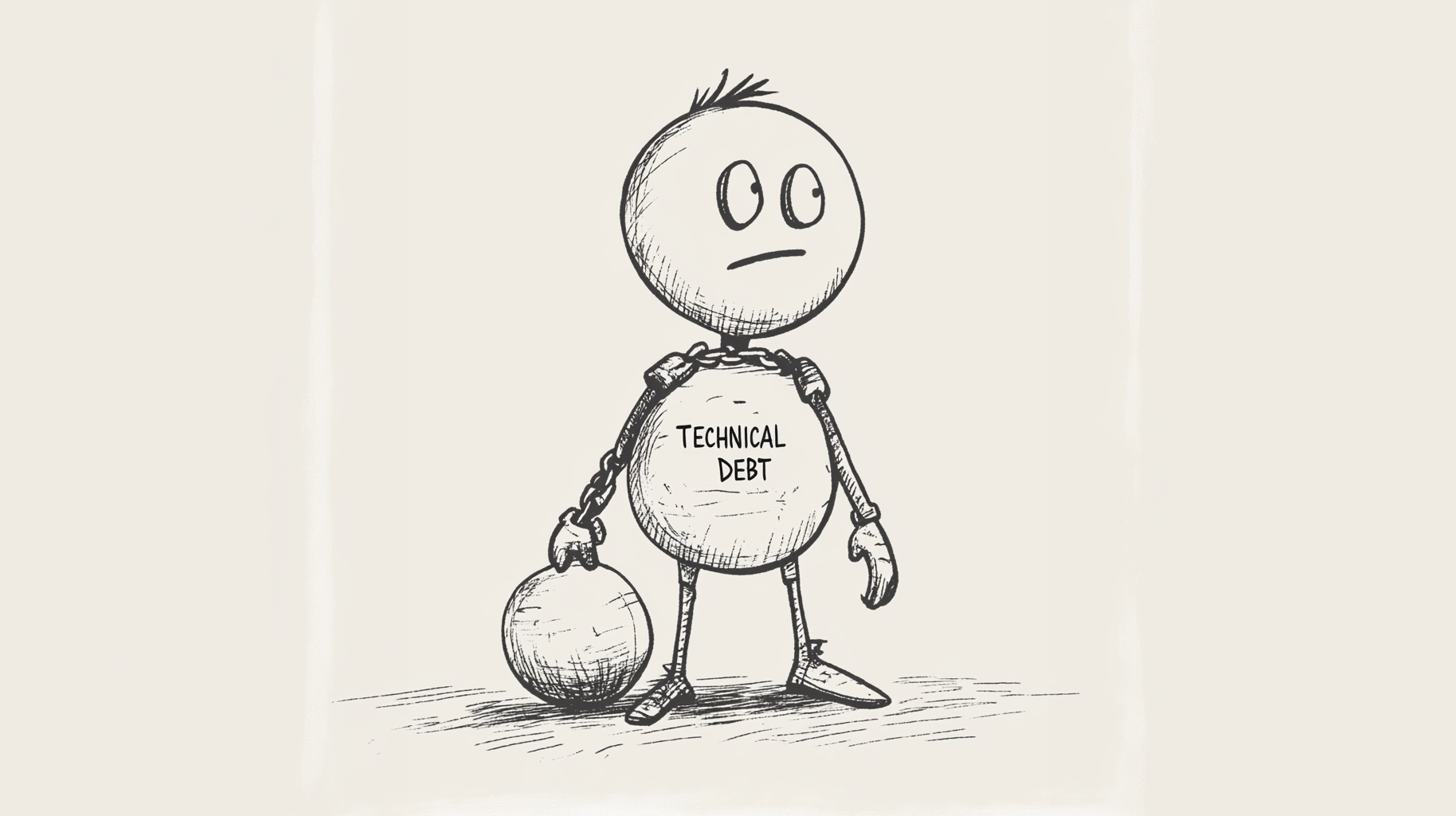 A cartoon ball and chain person with "Technical Debt" written on them.