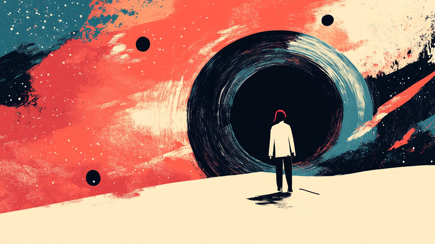 A person standing in front of a black hole.