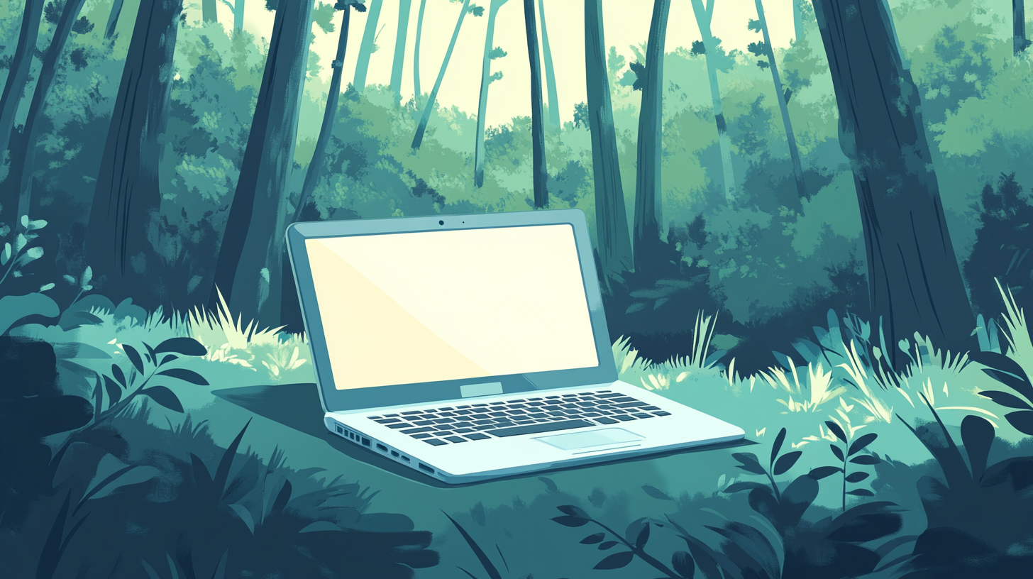 A laptop sat in a serene woods.