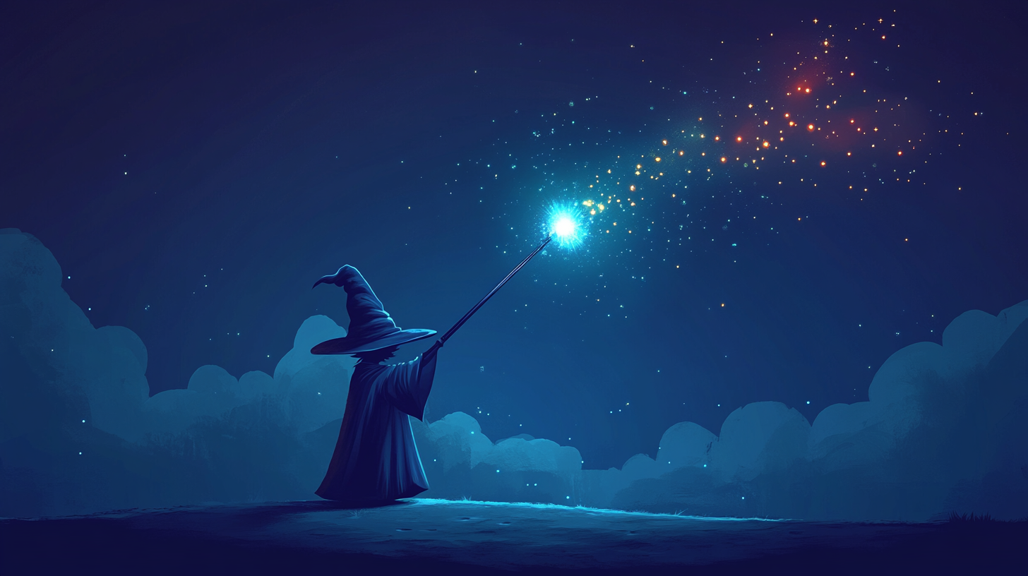 A wizard with a wand, casting a spell.
