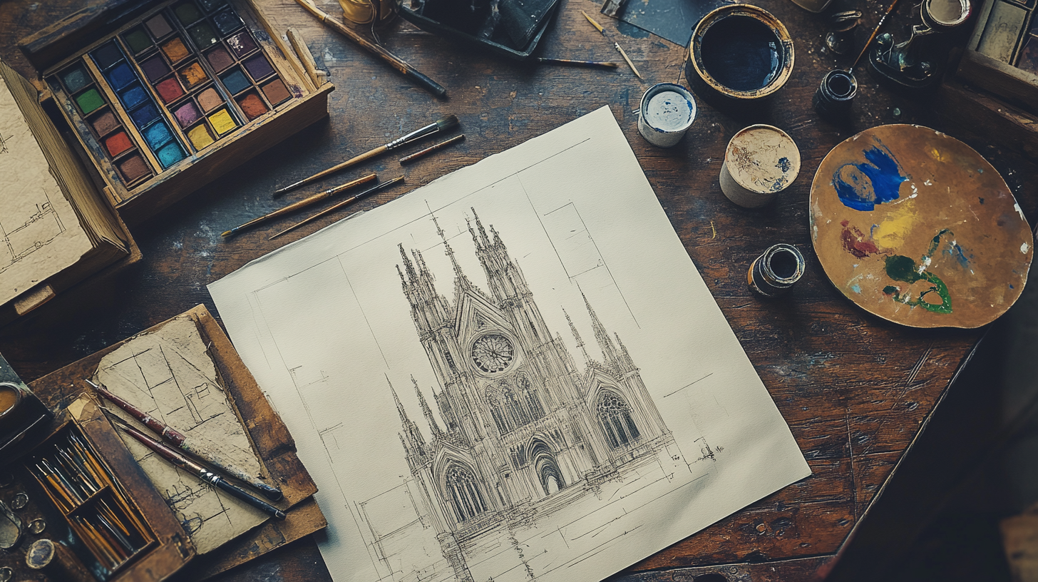 A table scattered with paint, brushes, and blueprints.