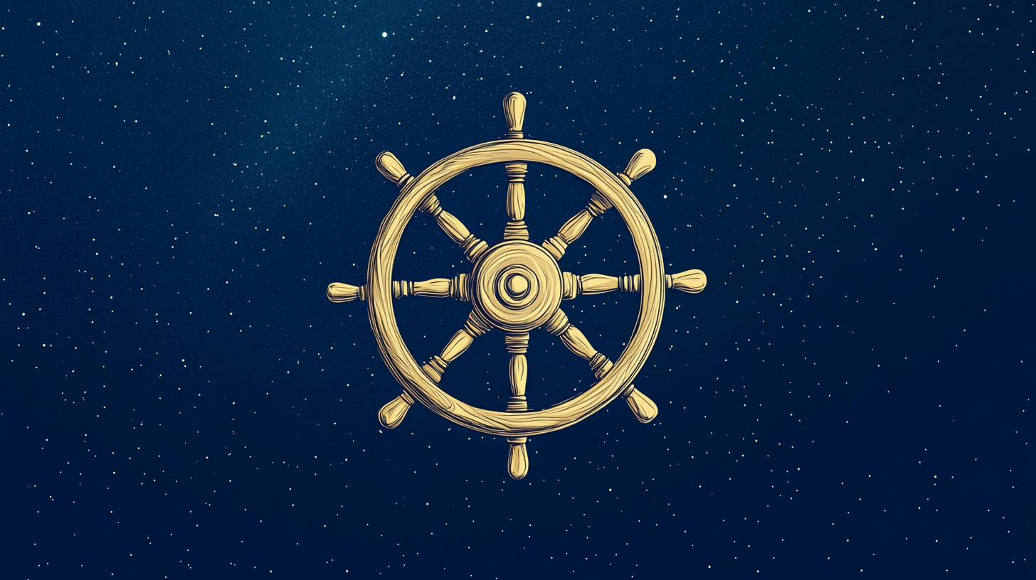 A ship's wheel on a starry background.