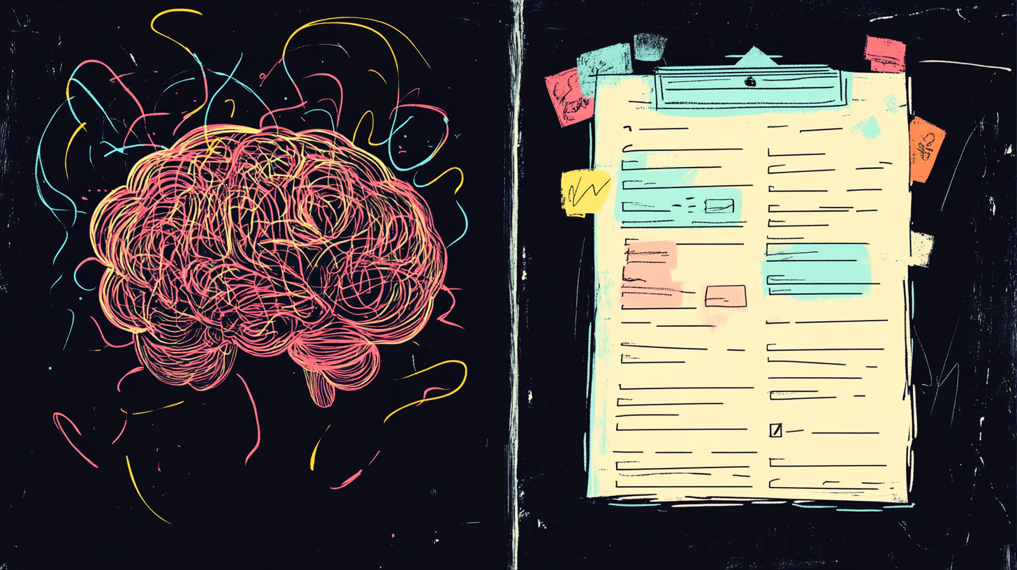 On one side: a messy brain. On the other side: a clipboard with lots of notes.