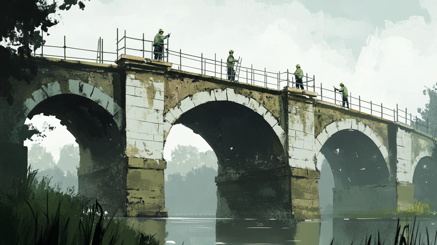 Workers repairing an old bridge.