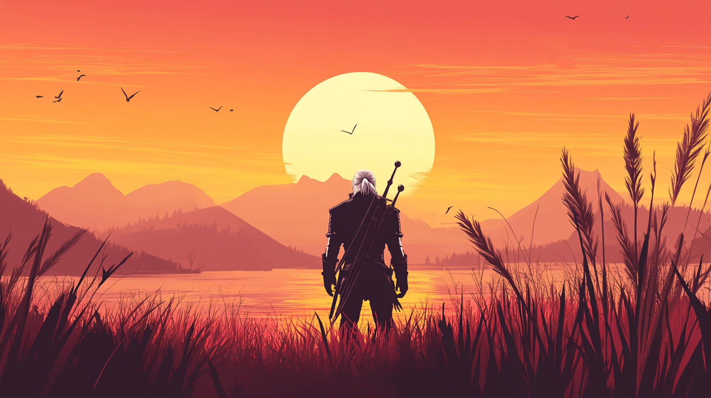 The Witcher standing in front of the sun setting behind mountains.