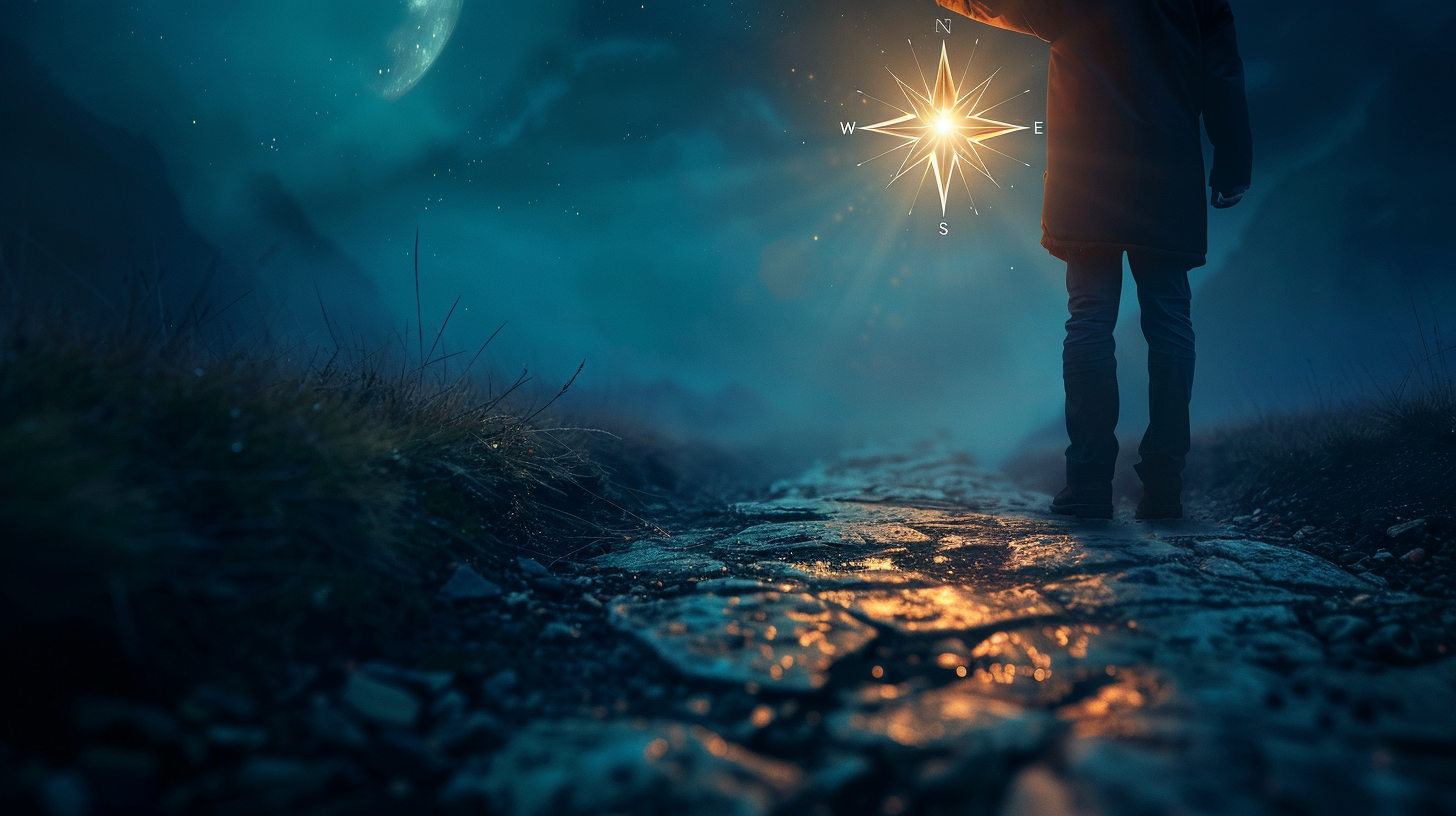 A person carrying a glowing compass at night.