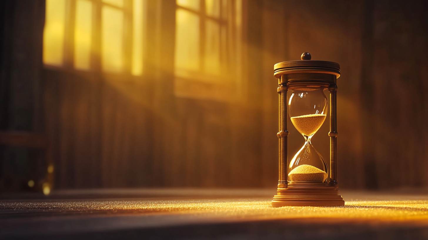 An hourglass in a sunlit room.