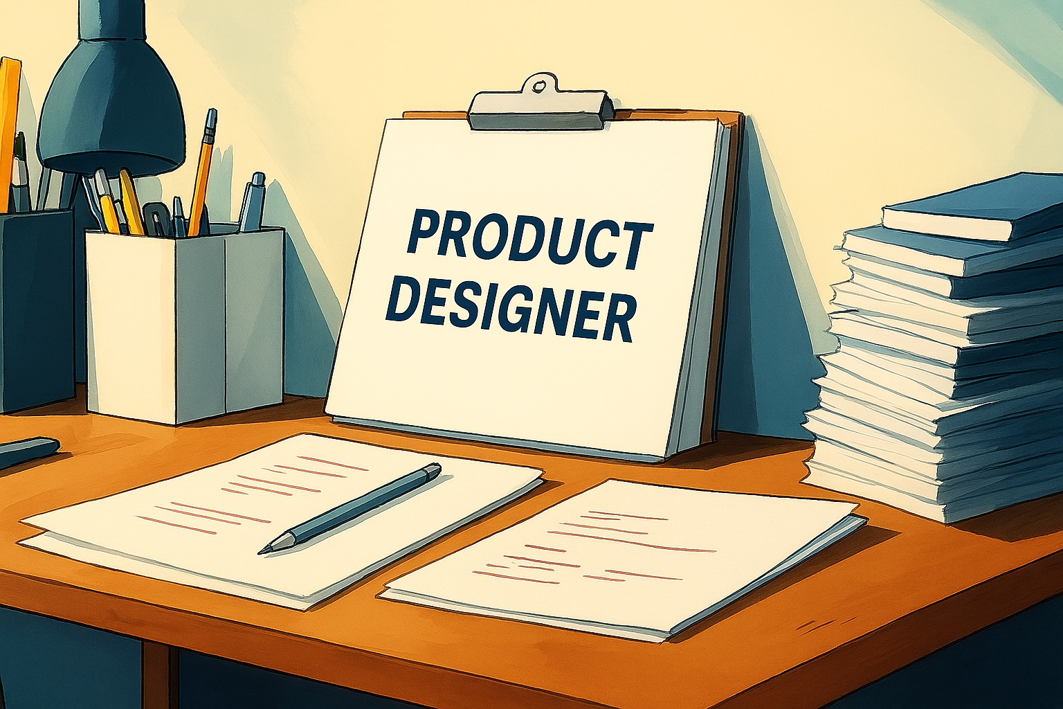 A desk with papers, books, and pens. "Product Designer" is written on a clipboard.