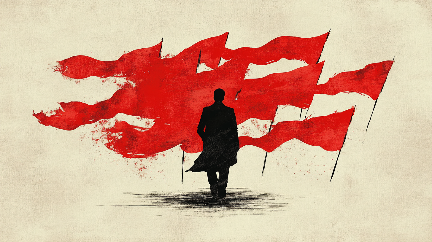 A person in front of multiple red flags.