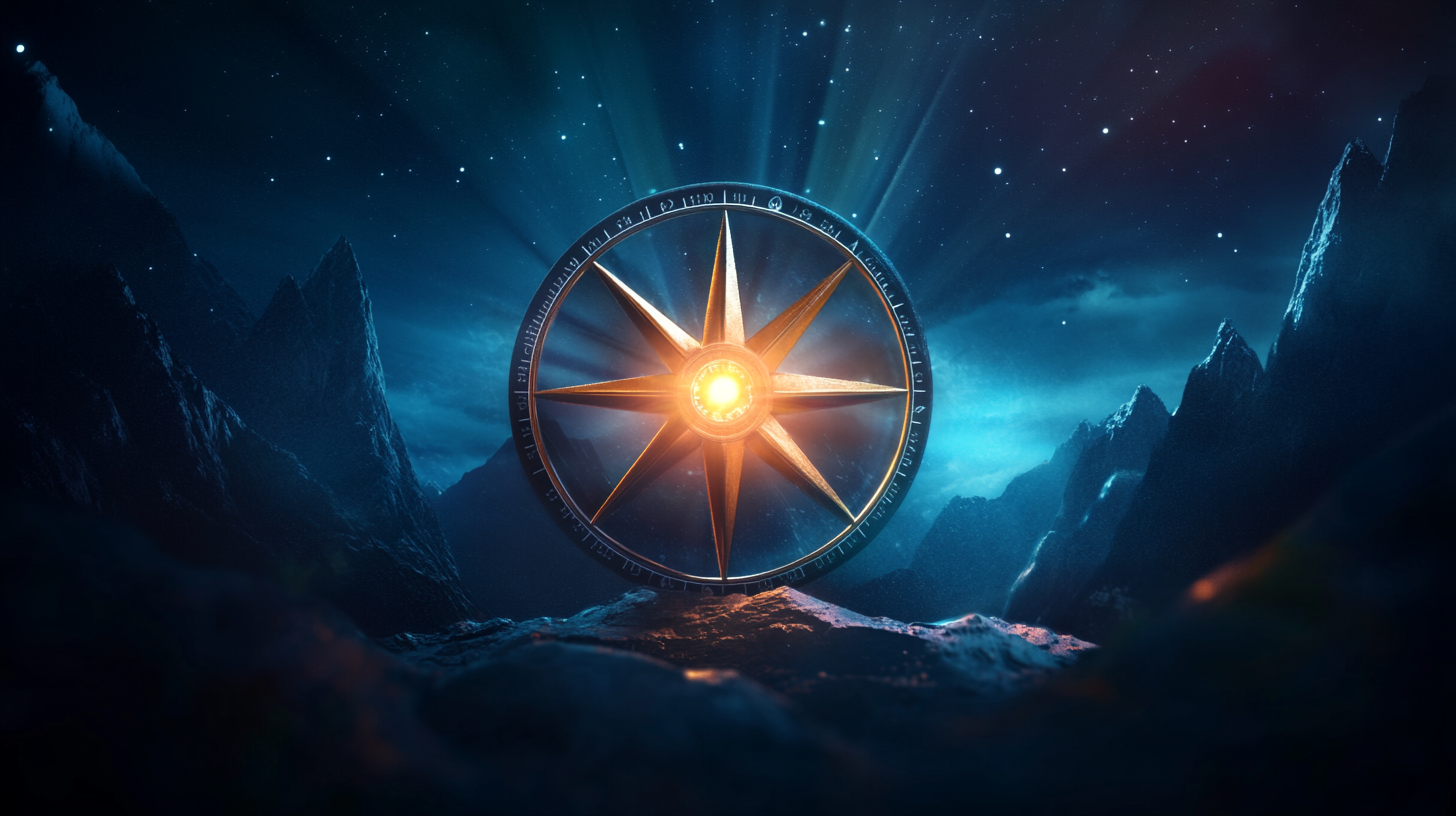 A glowing compass with mountains at night in the background.