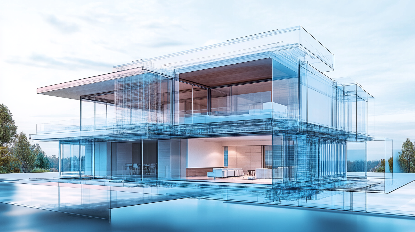 A house with overlaid blueprint details.