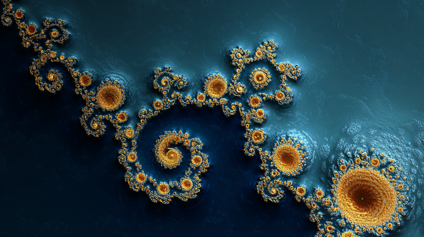 Mandelbrot fractals in blues and golds.