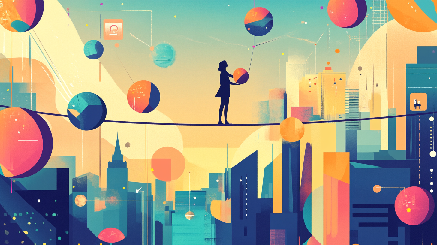 A person standing on a tightrope over a cityscape.