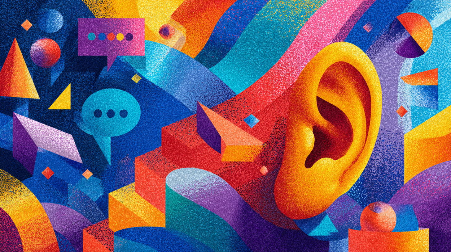 Colorful abstract image of an ear and speech bubbles.