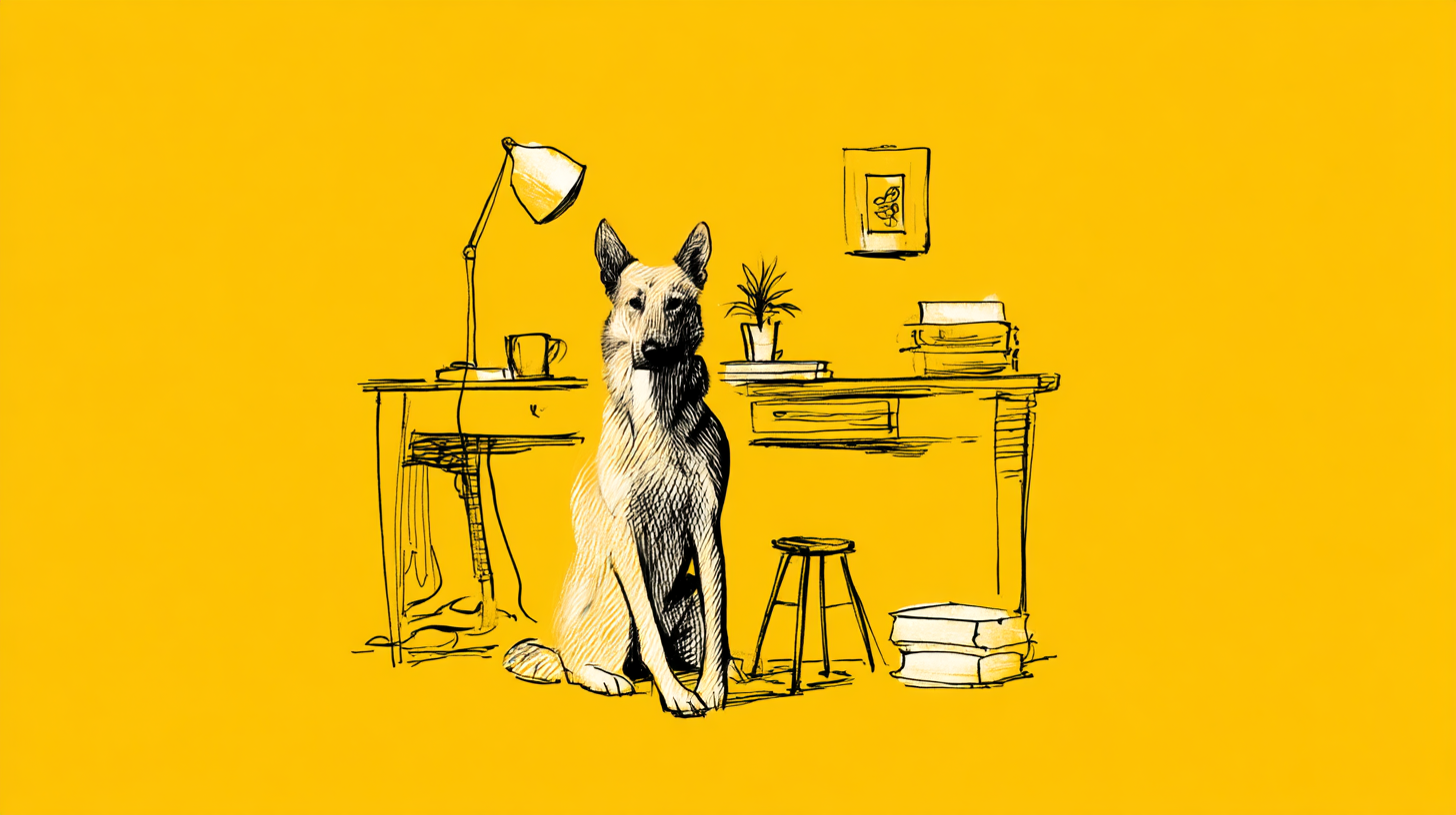A dog sitting in front of a sketched desk on a yellow background.