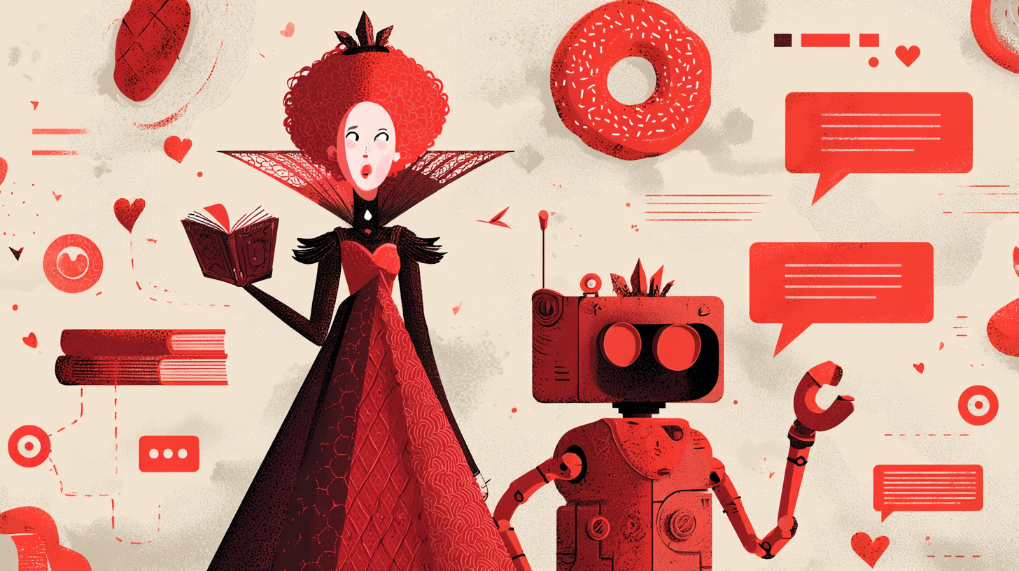 The red queen reading a book, a robot, a donut, speech bubbles, and books scattered across the image.