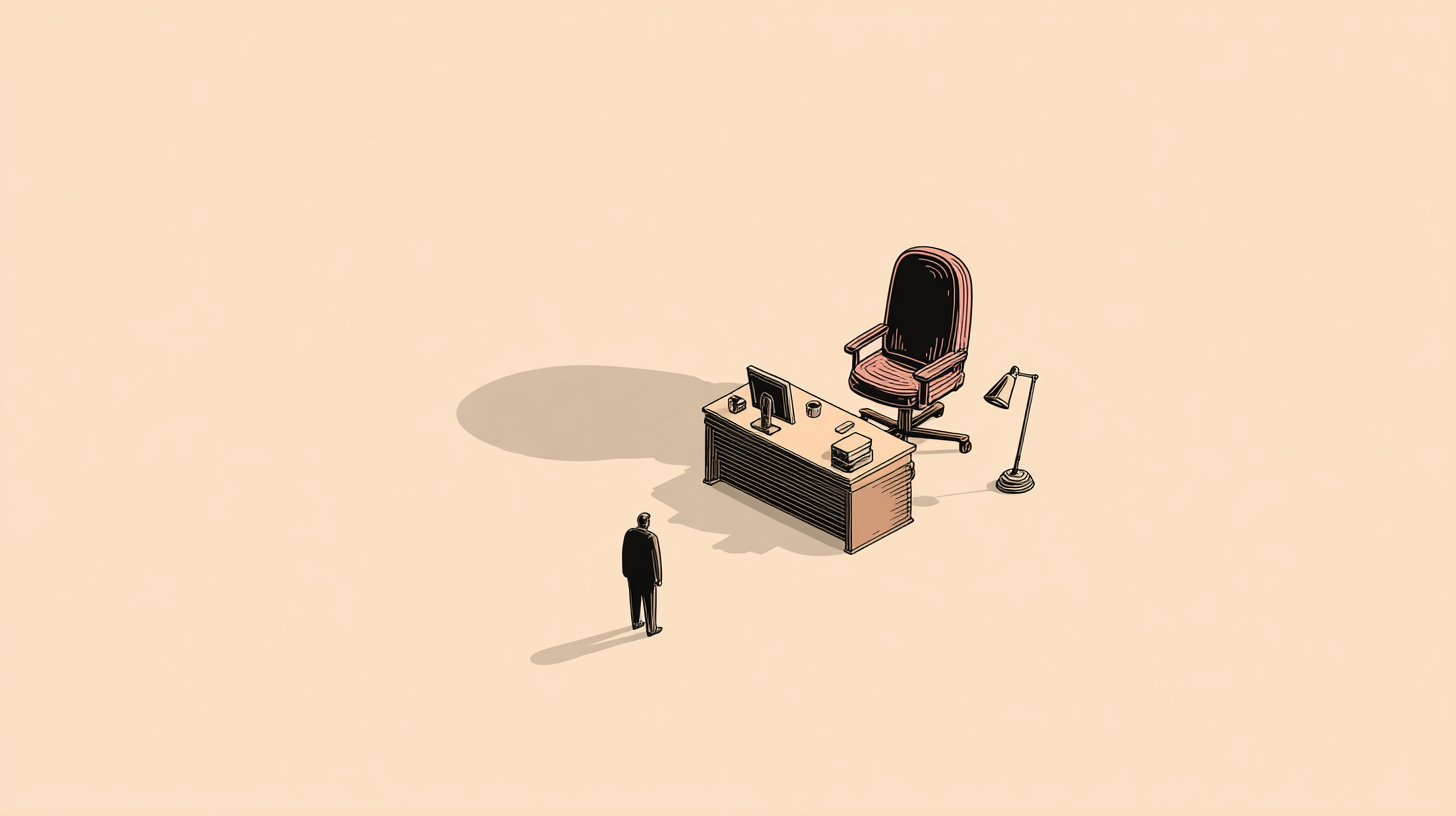 A small person standing in front of a large desk, chair, and lamp.