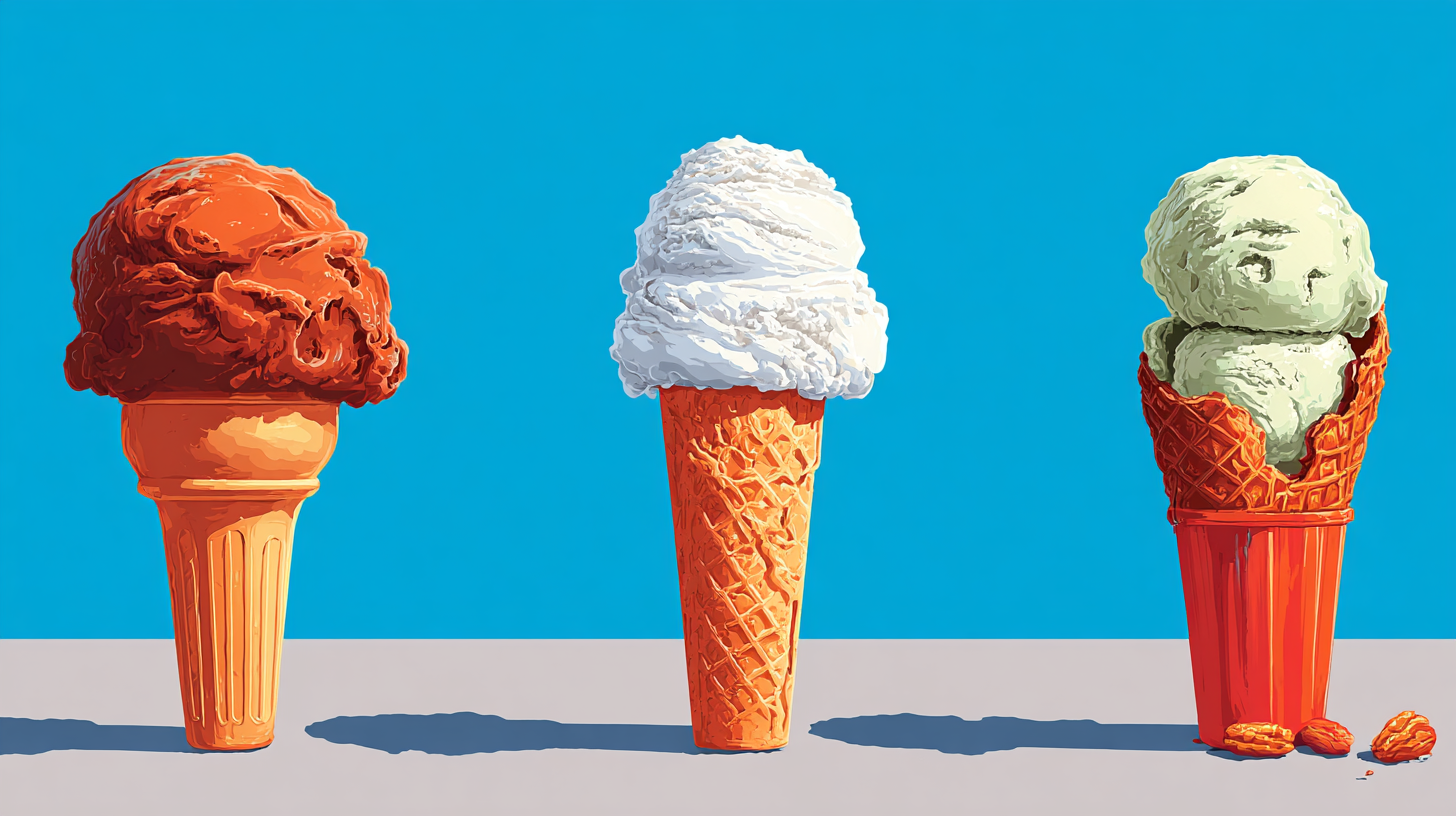 A chocolate ice cream, a vanilla ice cream, and a pistachio ice cream.