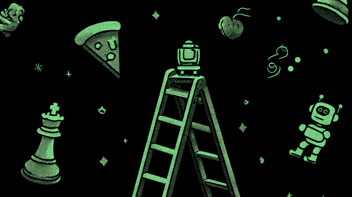Atari-style ladder, pizza slice, chess piece, and robot.