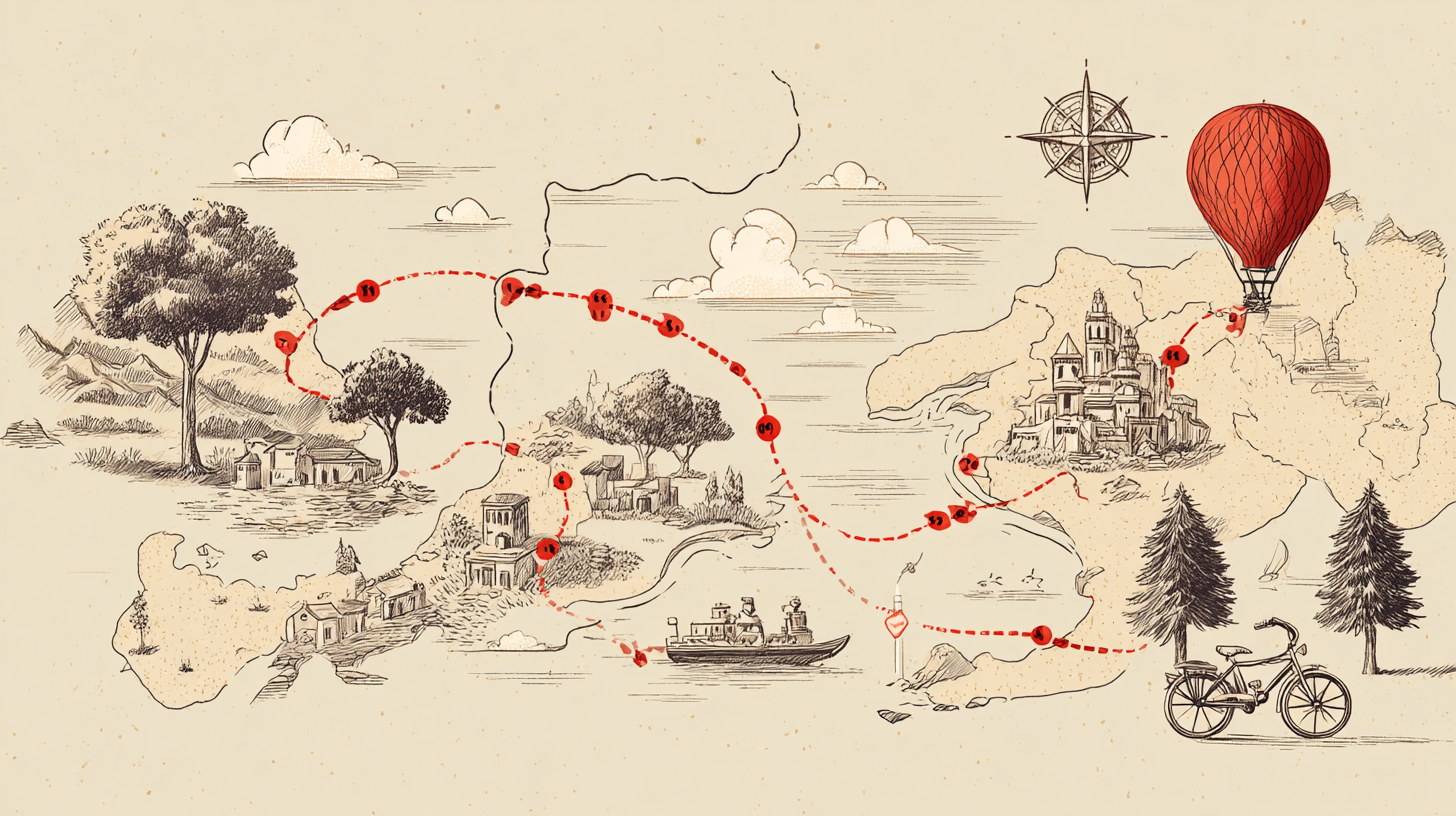 A vintage map with a route planned, various places, a hot air balloon and a bike.