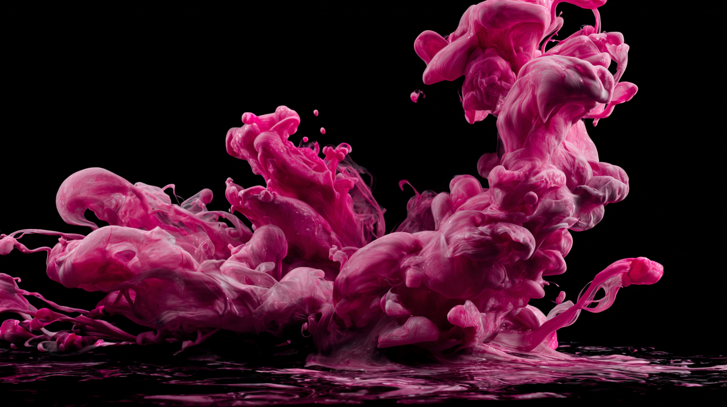 Pink ink falling into a black background.