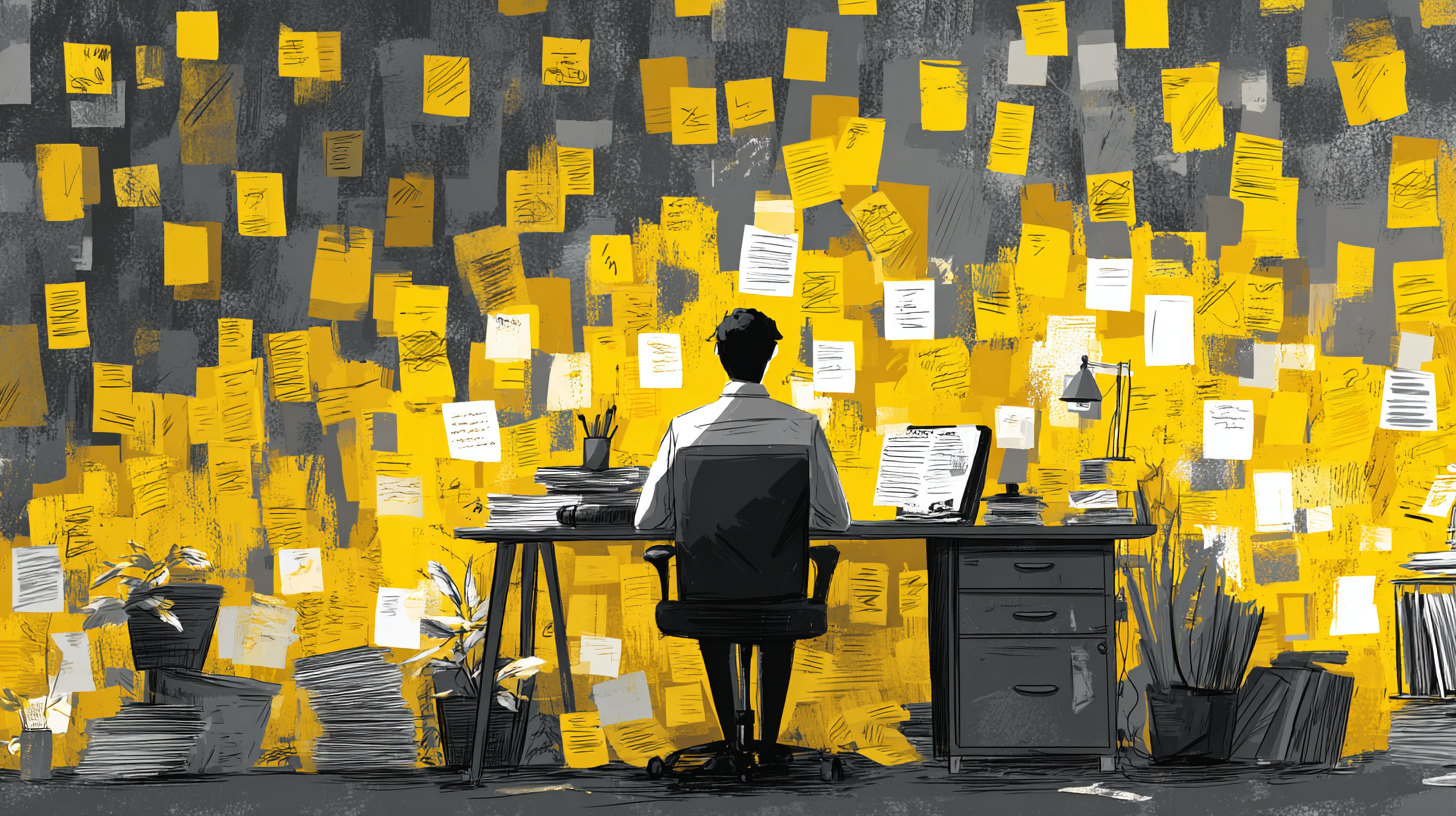 A person sat at a desk with an overwhelming amount of post-its in front of them. 