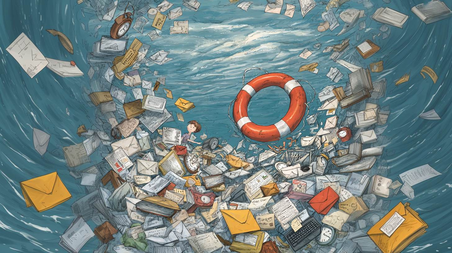 A surrealist funny cartoon of drowning in a sea of mails, alarm clocks, messages, letters, and equipment, etc. There is a lifebuoy they are trying to reach.