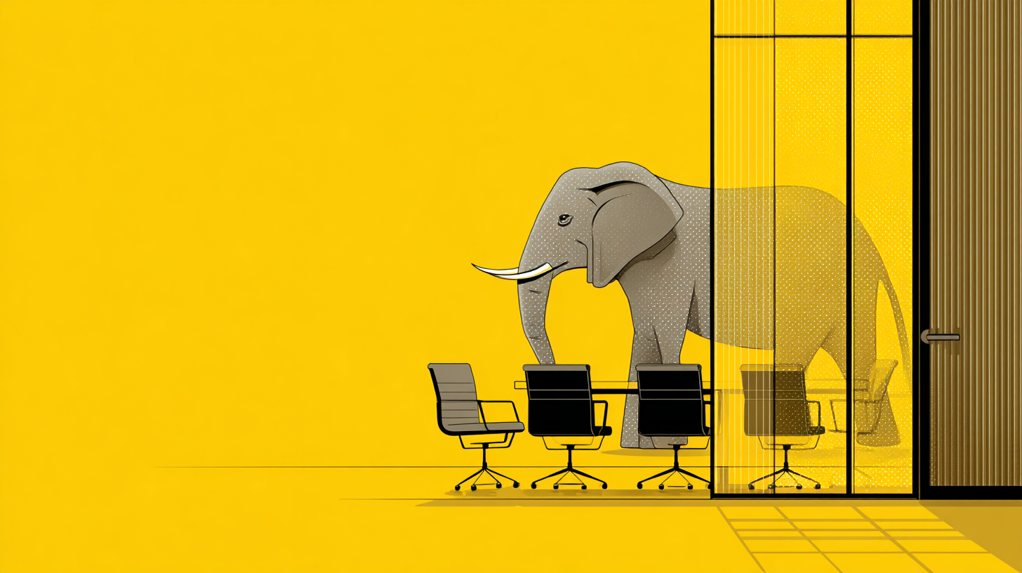 An elephant, partially covered, in a meeting room.