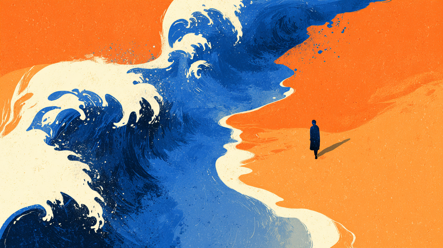 Person standing on a beach in front of a large wave