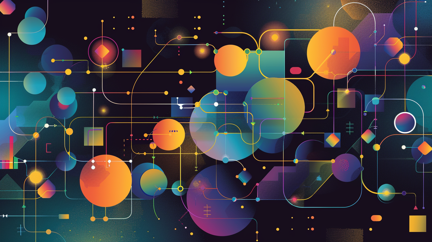 A series of connected circles and lines. Multicolored on a black background.