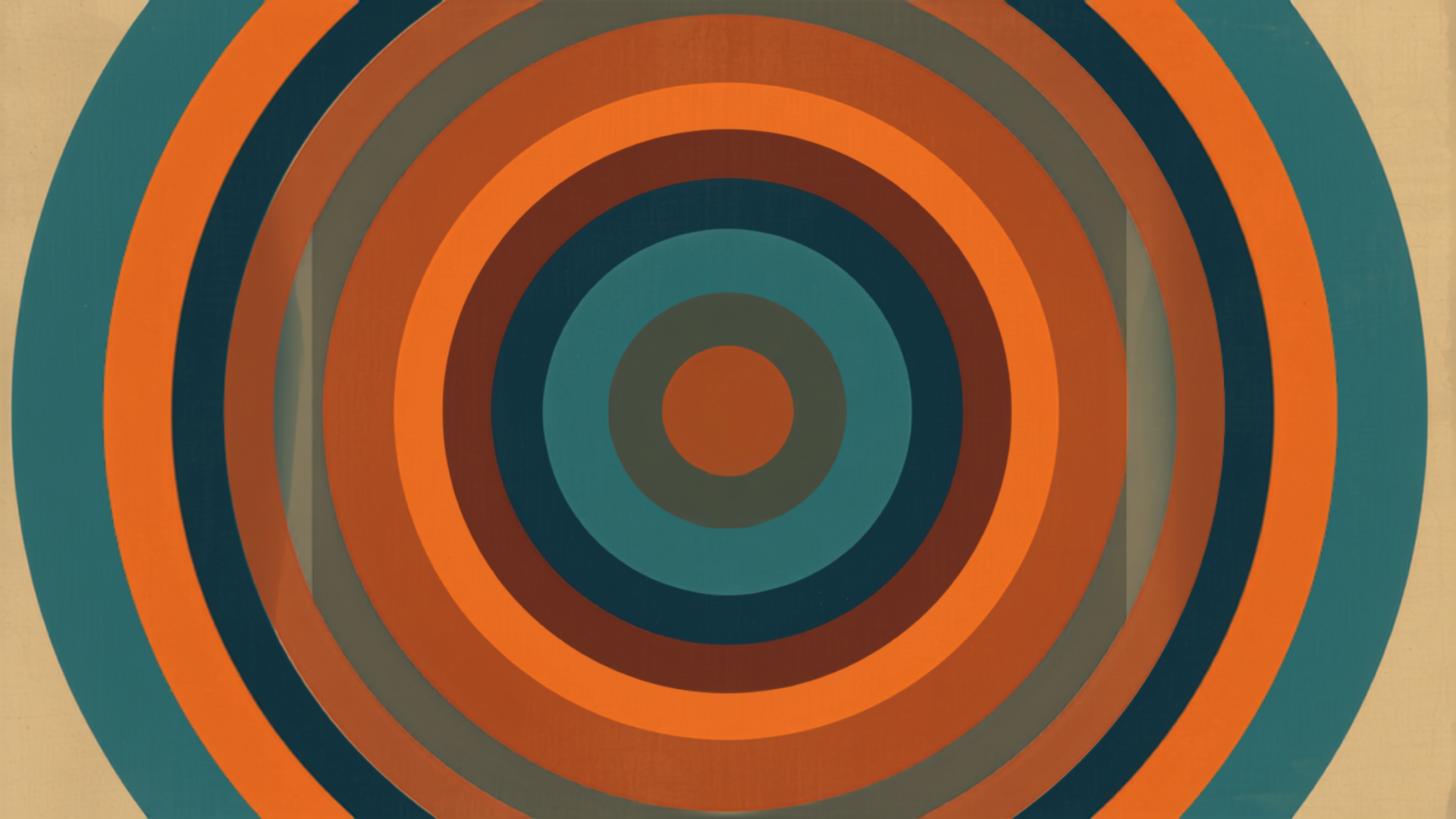 Concentric orange, teal, and navy rings radiating outward in a retro geometric pattern.