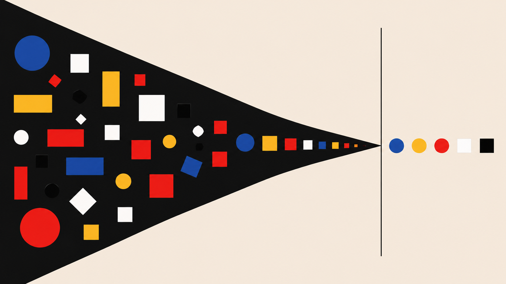 Abstract funnel of colorful geometric shapes narrowing into an ordered sequence, representing uncertainty becoming clarity through prioritization and trade-offs.