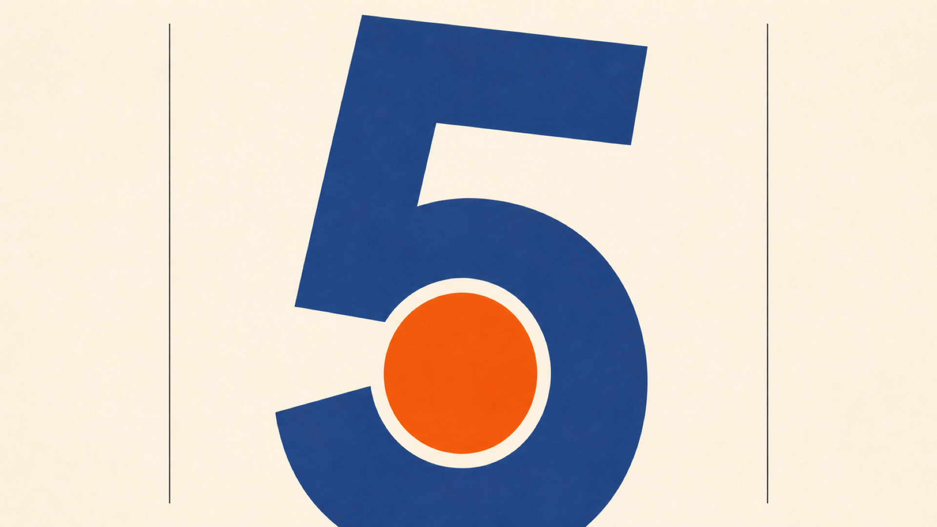 A large navy ‘5’ with orange circle in the middle. Two navy lines either side on a cream background.