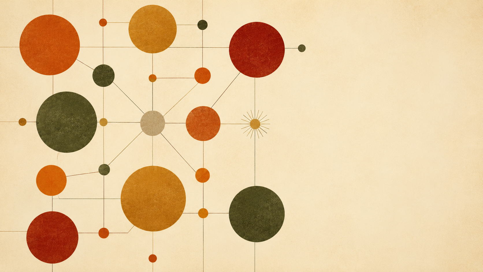 Warm autumnal network of connected circles in orange, rust, olive, and gold on a cream background, with a small starburst accent.