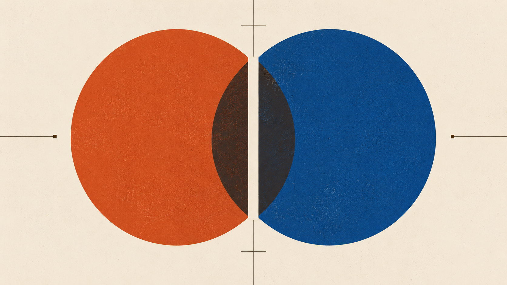 Abstract Bauhaus-style illustration of two overlapping circles in terracotta and blue, separated by a narrow vertical line to represent closeness and boundaries.