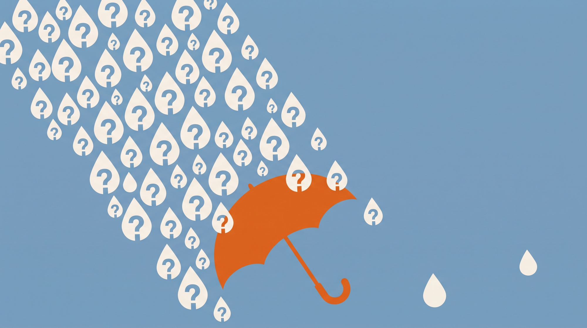Cream question-mark raindrops falling toward an open orange umbrella on pale blue.