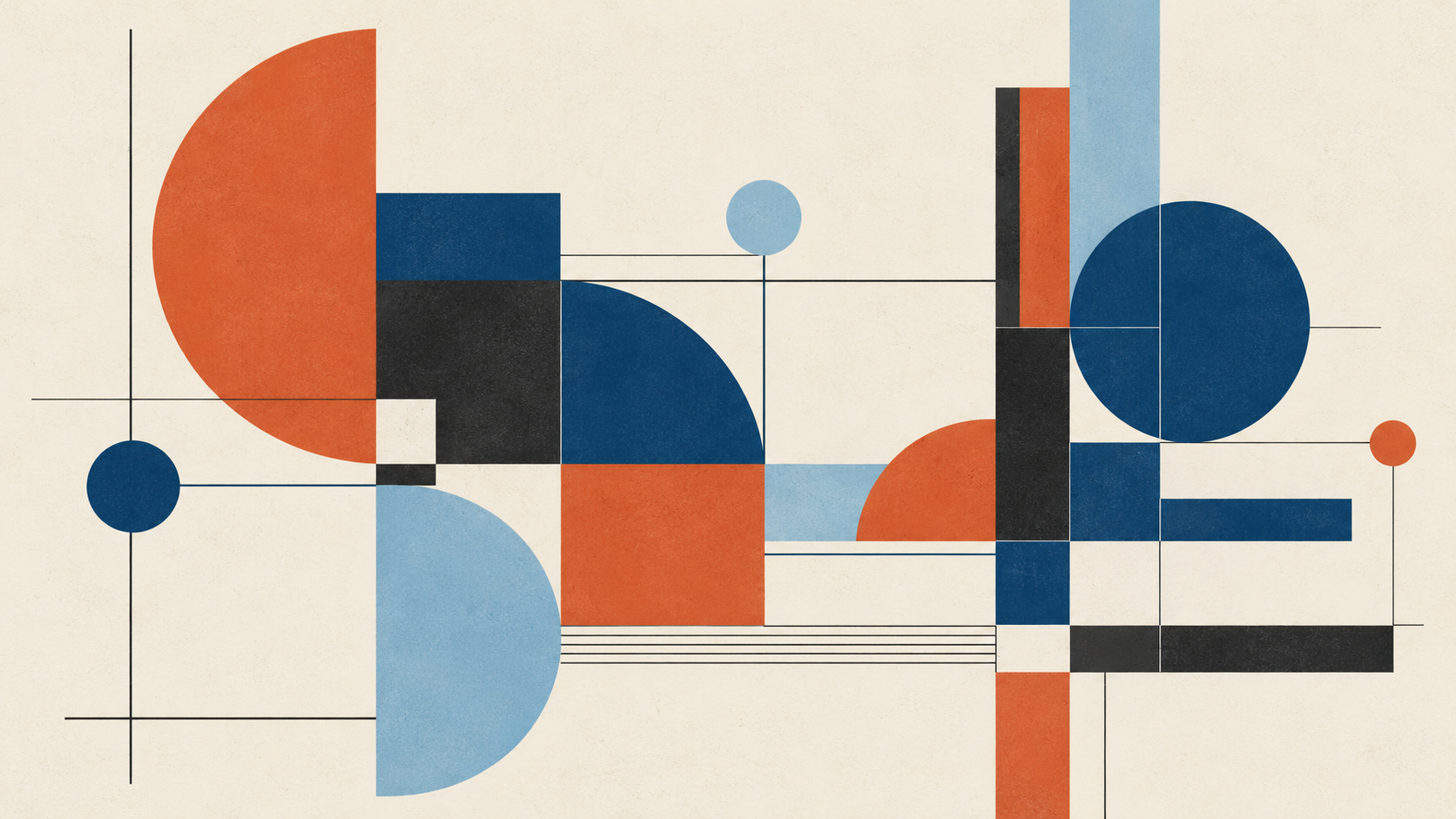 Abstract Bauhaus-inspired composition of overlapping circles, rectangles, and geometric lines in blue, terracotta, and charcoal on a cream background, representing a connected remote team.