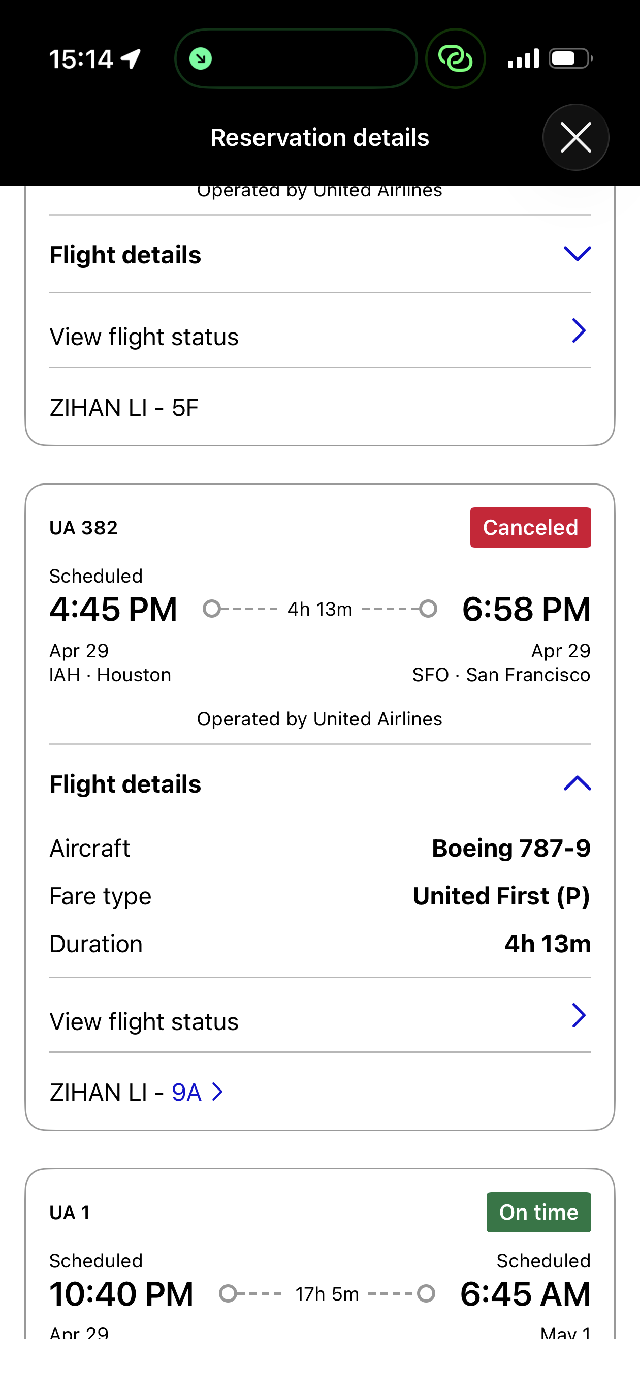 United app showing UA382 Houston to San Francisco cancelled an hour before boarding