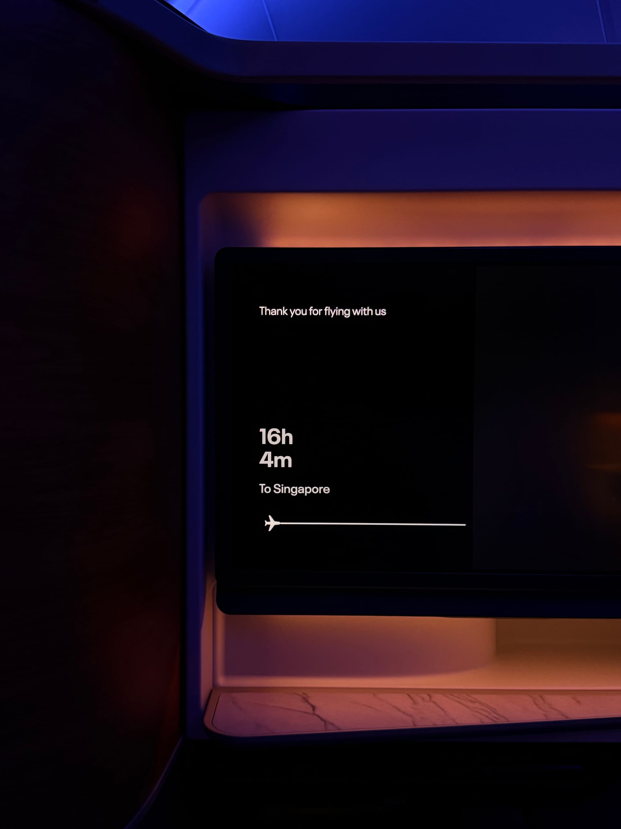 Flight time remaining screen showing 16h04m to Singapore